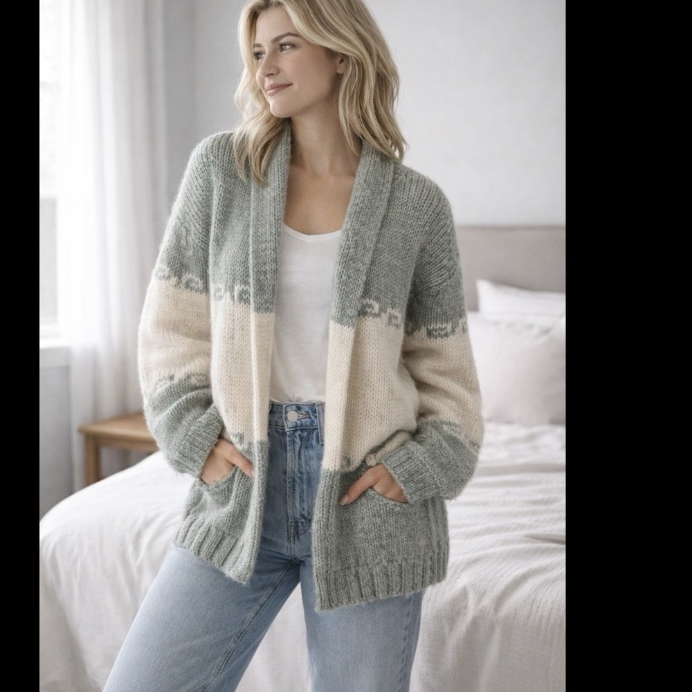 Crocheted Cardigan Sweater Handmade Women Sz Small Sage Ivory Peruvian Design